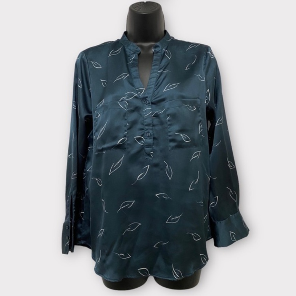 Zara Basic Collection Navy Blue & White Leaf Print Long Sleeve Top Size Small